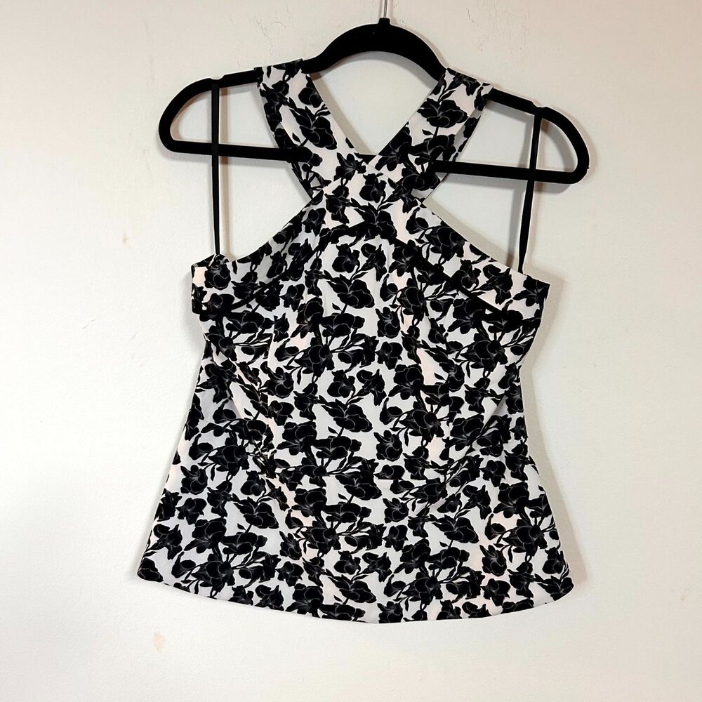 White House Black Market Top Women 12 Black White Floral Halter Neck Cottagecore